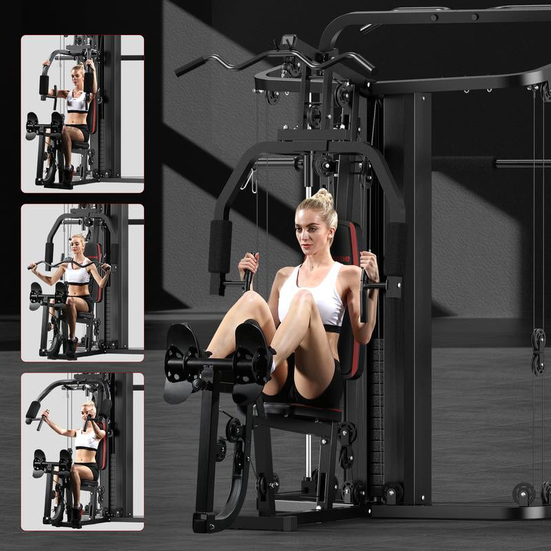 Sunhome Multifunction Home Gym System Workout Station,Smith Machine with 138LB Weight Stack, Leg Press, LAT Station for Full Body Training