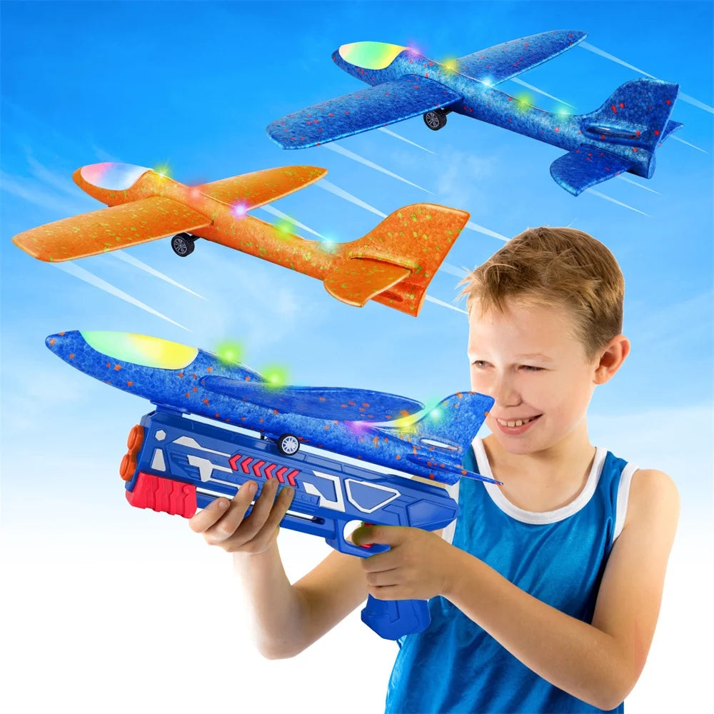 2 Pack 17.5" Airplane Launcher Toys, 2 Flight Modes LED Foam Glider Catapult Plane, Outdoor Sport Flying Toy for Kids Boys Girls 4-12 Y