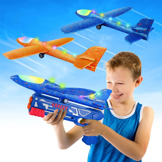 2 Pack 17.5" Airplane Launcher Toys, 2 Flight Modes LED Foam Glider Catapult Plane, Outdoor Sport Flying Toy for Kids Boys Girls 4-12 Y